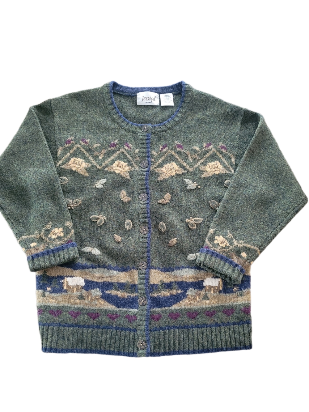 Vintage Scenic Cottagecore Wool Cardigan Houses Popcorn Knit S - Picture 2 of 7